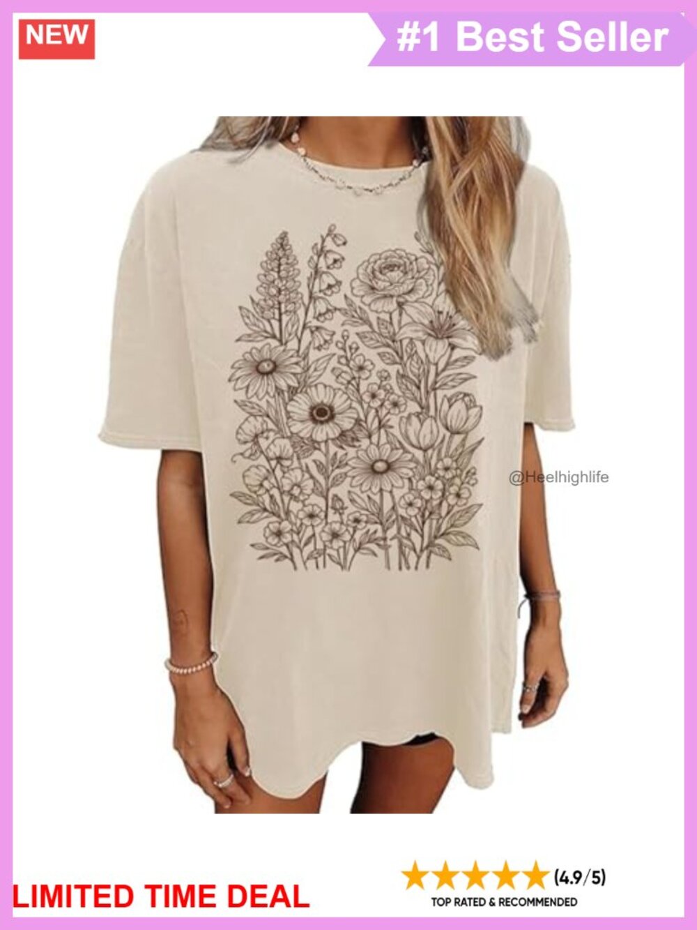 Oversized Floral Graphic Tshirt Wildflowers Short Sleeve Crew Neck Tee